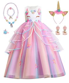 PRICES MAY VARY. 🦄【Unicorn Dress for Girls】- The unicorn dress up set with 7pcs Accessories: a unicorn princess dress, unicorn headband, necklace, bracelet, ring, and earrings. The unicorn costume dress up is adorned with pink tulle and embroidery floral details,designed to make every girl feel like a princess. This unicorn princess dress up is perfect for cosplay. The unicorn dress is made with soft, comfortable fabric, ensuring your little one can wear it all day with ease. 🦄【Breathable Poly Tulle Clothes, Girl Unicorn Costume, Princess Costumes For Girls, Princess Fancy Dress, Toddler Fancy Dress, Unicorn Princess, Fancy Costumes, Princess Dress Up, Unicorn Headband