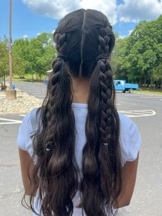 Hairstyles For Pep Rallys, Hair Styles For Hair Up, Hair Styles For Carnival, Double Waterfall Braid, Braid Styles Straight Hair, Braided Hairstyles Fishtail, Karate Hairstyles For Long Hair, Hair Inspo For School Easy, Updo Hair For Work