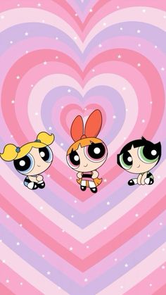 the powerpuff girls wallpaper with three cartoon characters in front of a heart