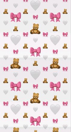 teddy bears with pink bows and hearts on a white background that is seamed together