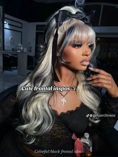 Black And Blonde Wig Black Women, Black Wig With White Highlights, Hair Inspo For Birthday, Snow Hair, Unique Wig Colors, Wigs On Dark Skin Women, Wig Style Ideas, Extension Hairstyles, Wig Styles For Black Women