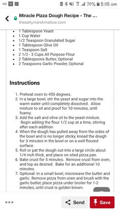 the instructions for making pizza dough on an iphone screen, including instructions to make them