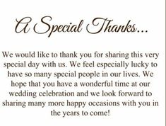 a wedding thank card with the words special thanks