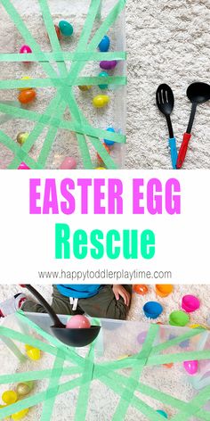 an easter egg rescue activity for toddlers to play with eggs and plastic spoons