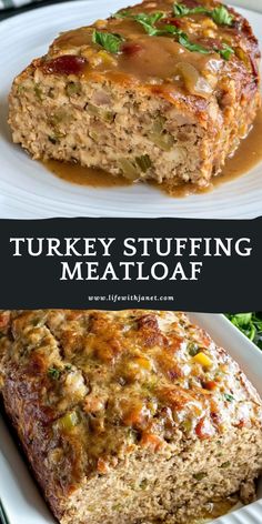 turkey stuffing meatloaf on a white plate with gravy