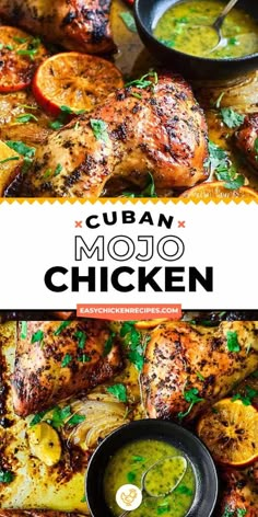 the cover of cuban mojito chicken is shown in front of some other dishes