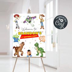 the welcome to brandon's birthday party sign is on an easel in front of a window