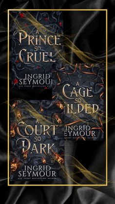 three book covers for the prince and cruel series, with gold trimmings on black fabric