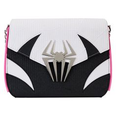 a white and black spiderman purse with pink trim