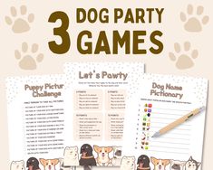 three dog party games with dogs and puppies on them, in front of a pink background