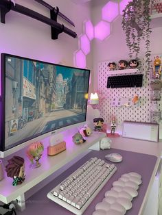 a computer monitor sitting on top of a white desk next to a keyboard and mouse