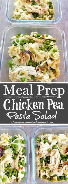 meal prep for chicken pea pasta salad in plastic containers with text overlay that reads meal prep chicken pea pasta salad