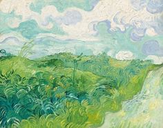 a painting of a green field with blue sky in the background