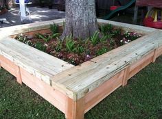 a wooden planter box sitting in the grass next to a tree and a bench