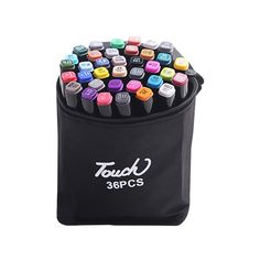 a black pencil case filled with lots of different colored pens on top of each other