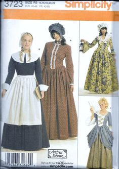 "Simplicity 3723 Pattern Pilgrim Colonial French Pioneer Adult Costume Sewing Pattern. Pattern 3723 is uncut and in factory folds. Sizes 14, 16, 18, 20 and 22 which will fit a 36\"-44\" bust." Frontier Dress, Costume Sewing, Simplicity Dress, Costume Patterns, Simplicity Sewing