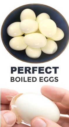 a person holding an egg in their hand with the words perfect boiled eggs above it