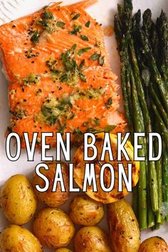 cooked salmon, potatoes and asparagus on a plate with text overlay that reads oven baked salmon