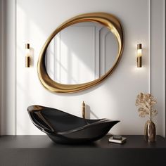 a black bowl sink sitting under a round mirror on a wall next to a vase