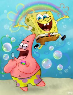 spongebob and patrick jumping in the air with soap bubbles around them as if they were having fun