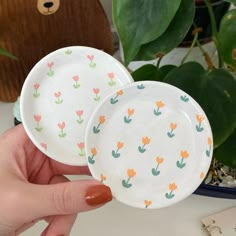 two plates with flowers painted on them are being held by a person's hand