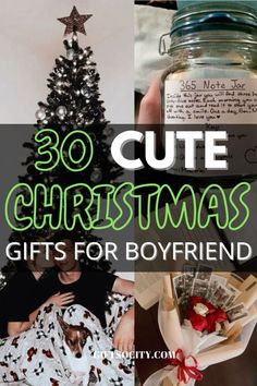 the words 30 cute christmas gifts for boyfriends are in front of a small tree