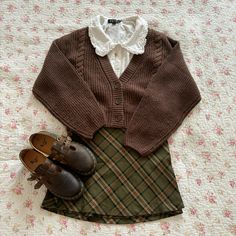 Fall autumn outfit inspo cardigan warm Fall Closet Aesthetic, Scarf Outfits Fall, Soft Fall Aesthetic Outfits, Soft Vintage Aesthetic Outfits, Fall Vintage Aesthetic Outfits, Cozy Autumn Aesthetic Outfit, Brown Button Up Cardigan Outfit, Cherry Cardigan Outfit, Cozy Academia Aesthetic Outfit