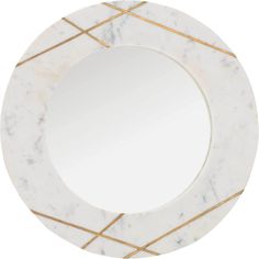 a white marble mirror with gold lines around the edges and a round frame in the middle