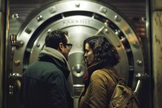 two people standing in front of an elevator