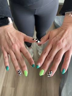 Multi Pattern Nails, Bright Checkered Nails, Different Solid Color Nails, Spring Transition Nails, Spring Funky Nails, Fun But Simple Nails, Spring Checkered Nails, St Pattys Nails Simple, Checkered Valentines Nails