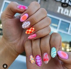 Crazy Summer Nails Designs, Every Nail Is Different Design, Crazy Cute Nails, Fun Colorful Nails, Crazy Summer Nails, Bright Neon Nails, Funky Summer Nails, Mismatched Nails, Summer Manicures