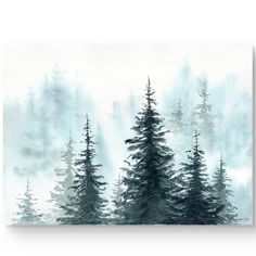 a painting of trees in the snow with mist coming off them and behind it is a foggy sky