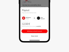 an iphone showing the payout screen and account details on its display, which is displayed in red