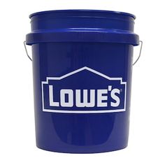 a blue bucket with the words low's on it and a white handle is in front of a white background