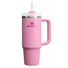 a pink travel mug with a straw in the cup and stanley brand logo on it