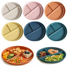 six plates with different compartments for food on them