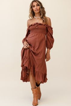 Buy the Flynn Off-Shoulder Shirred Bust Midi Dress Tan | Selfie Leslie Spring Off Shoulder Midi Dress With Ruffles, Spring Midi Off Shoulder Dress With Ruffles, Summer Off Shoulder Dress With Ruffle Hem, Spring Ruched Off Shoulder Midi Dress, Spring Off Shoulder Dress With Smocked Bodice, Spring Off-shoulder Dress With Smocked Bodice, Bohemian Midi Length Peasant Dress For Brunch, Bohemian Midi Peasant Dress For Brunch, Bohemian Strapless Midi Dress For Day Out