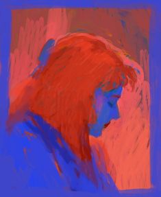 an abstract painting of a woman with red hair and blue shirt looking at something in the distance