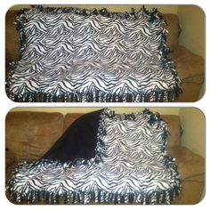 two pictures of zebra print pillows on a couch