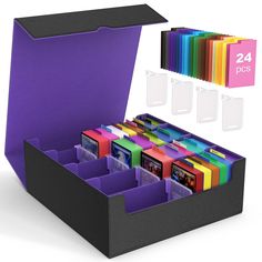 an open box with 24 different colored folders in it and the lid is black