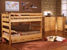 a wooden bunk bed sitting on top of a hard wood floor next to a tv