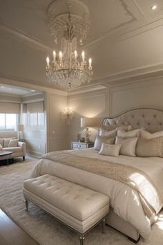 a large bed sitting in a bedroom next to a chandelier