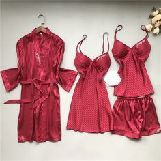 Sleep like royalty in our 4 Piece Nightwear Solid Color Stripes Set. This collection features a comfortable nightshirt, coordinating shorts, and a soft robe. Unwind in style and comfort, and experience the perfect blend of fashion and relaxation. Pamper yourself with the utmost comfort and sophistication. Specifications: Each of the sleepwear is sourced from the finest quality fabric, sewn together by quality workmanship. Made with cotton, lycra, and dacron material Unshrinkable, wrinkle-resista Lounging Outfit, Soft Robes, Nighttime Routine, Pamper Yourself, Satin Long Sleeve, Pajamas Comfy, Camisole Dress, Sleepwear Sets, Pajama Set Women