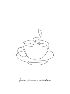 a black and white drawing of a cup of coffee on a saucer with spoon