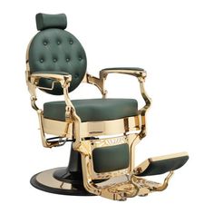 a gold and green barber chair on a white background