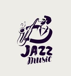 the logo for jazz music, featuring a man with a saxophone and musical notes in his hand