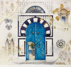 a painting of an open blue door in front of a white wall with gold accents