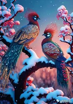 two colorful birds sitting on top of a tree branch in the snow covered forest at night