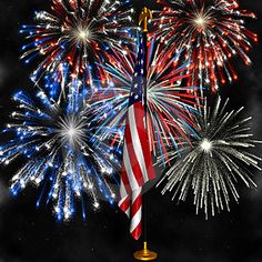 an american flag and fireworks in the night sky