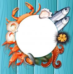 an image of seafood and sea animals on the wooden planks with place for text